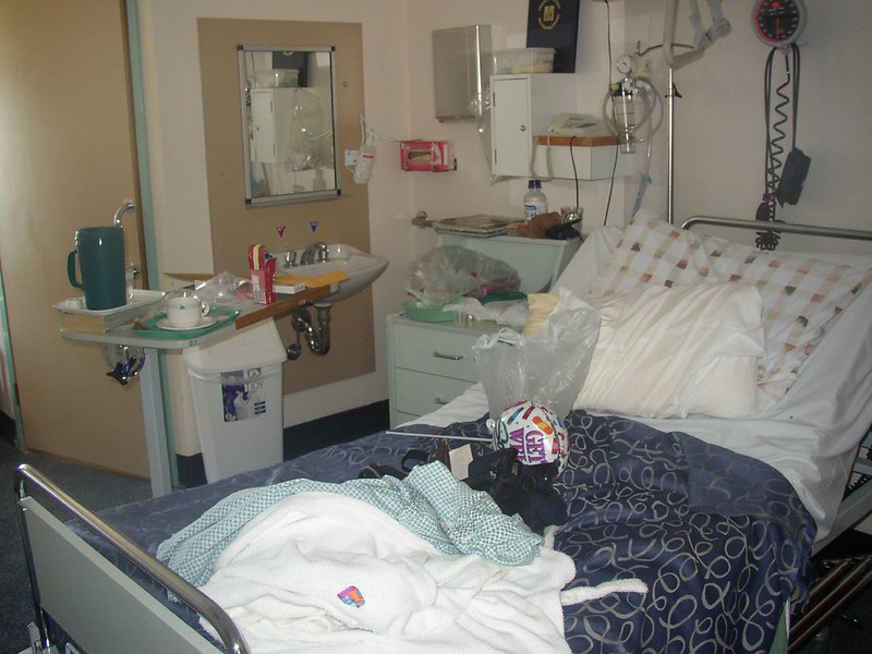 A bed in a hospital bed room