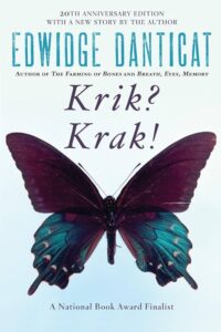 Cover of "Krik? Krak!": A dark purple and blue butterfly is spread against a light blue ombre background.