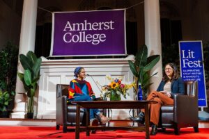 Jennifer Acker and Aparna Nancherla talking at Amherst College's LitFest. 