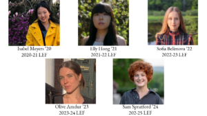 Image of the three literary editorial fellows: Isabel Meyers, Elly Hong, Sofia Belimova, Olive Amdur, and Sam Spratford.