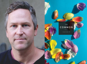 Kevin Dean's headshot on the left and TC's Issue 27 cover on the right, which is cerulean and scattered with bright flower petals.