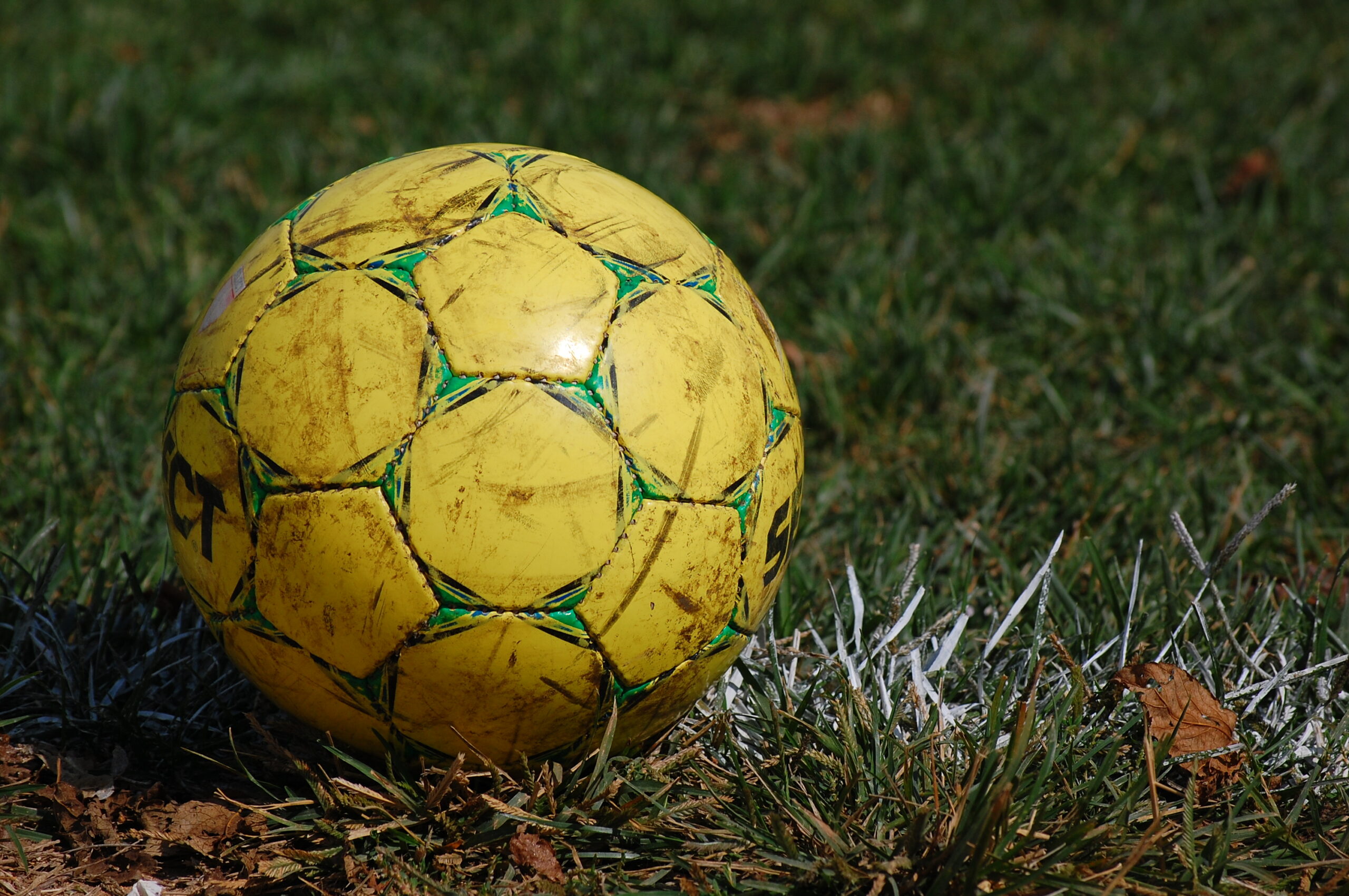 Image of a yellow soccer ball in the grass.