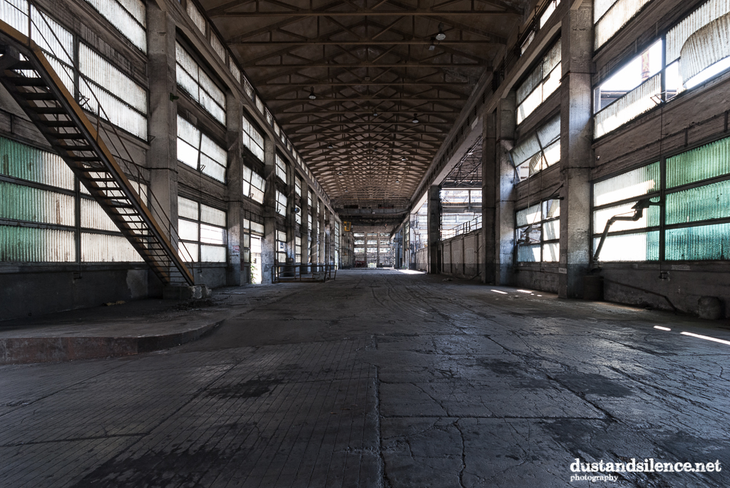 An empty industrial warehouse.