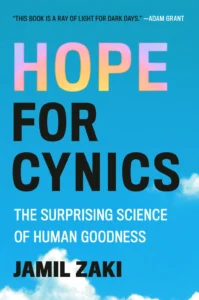 cover of "hope for cynics": the title appears in large, sans-serif font against a cerulean sky with fluffy white clouds. the word "hope" is colored in purple-pink-orange ombre.