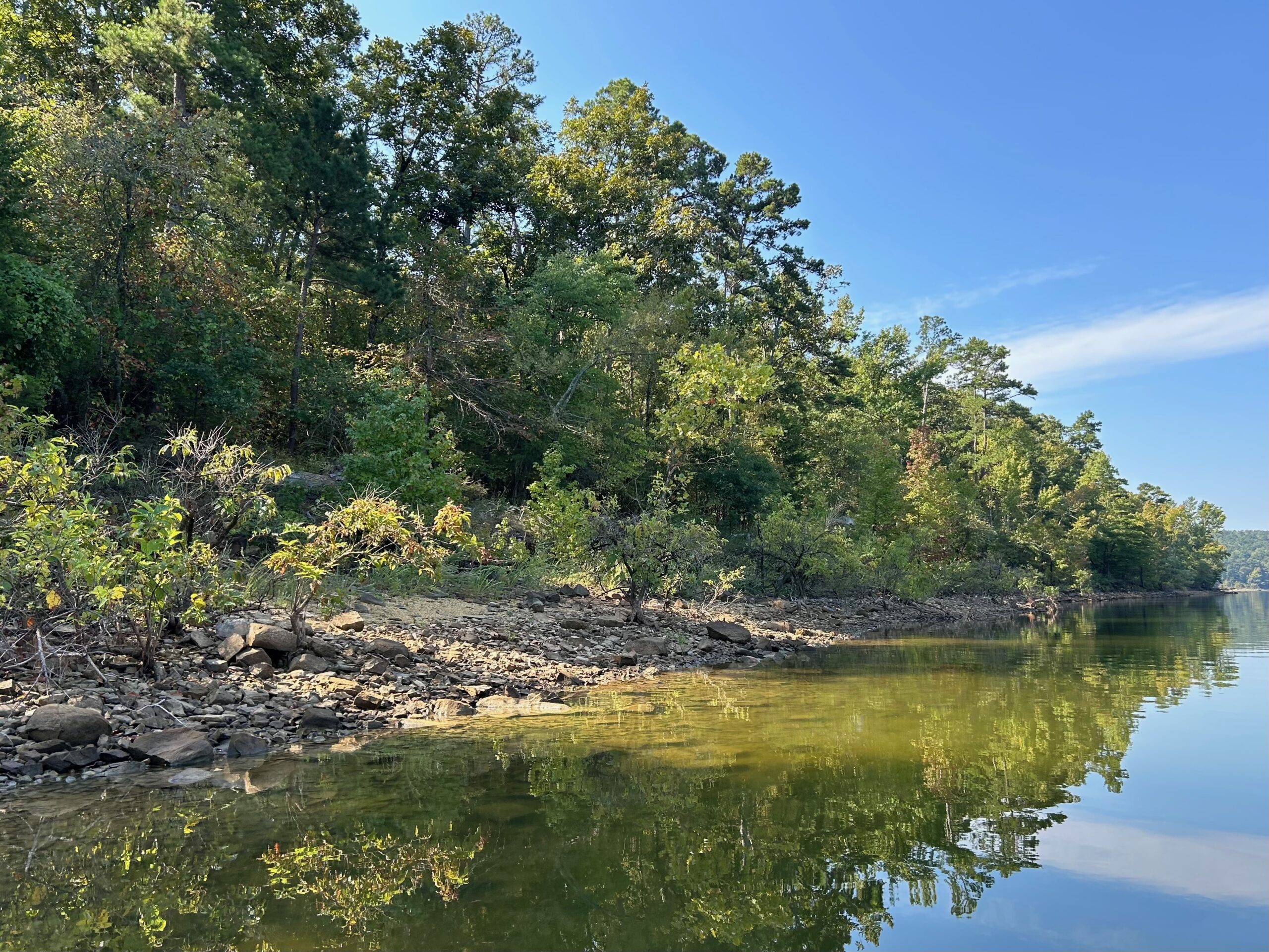 Landscape of Daisy State Park with water & a rocky and green shore