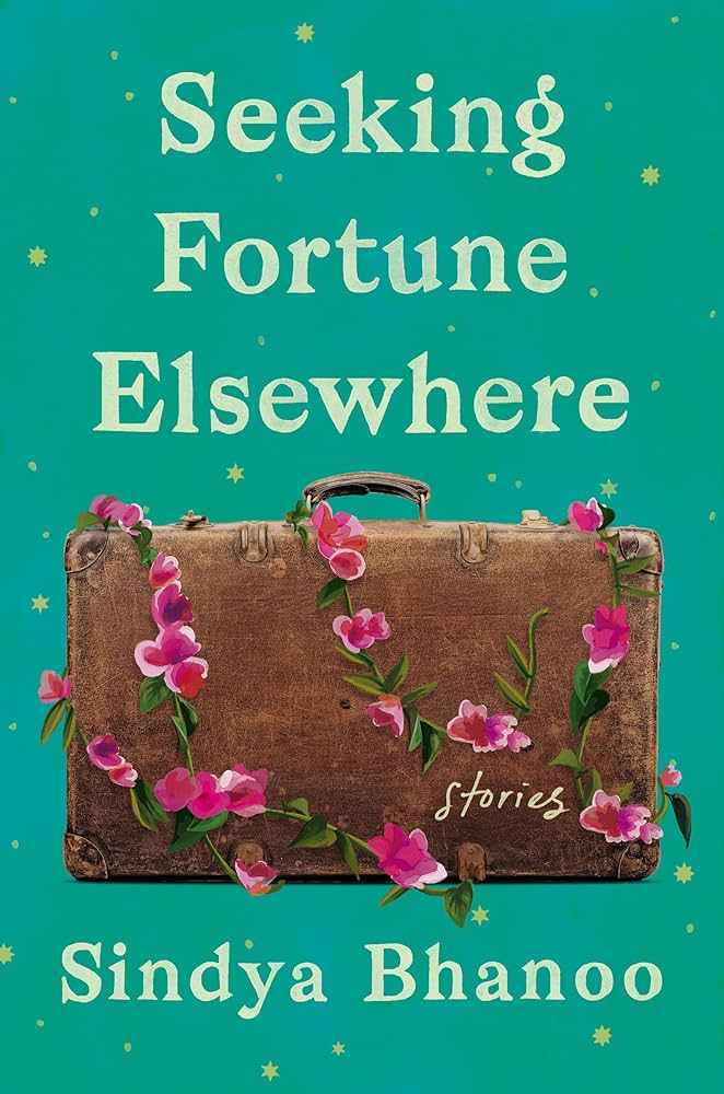 Cover of "Seeking fortune elsewhere": A brown, old-fashioned suitcase is draped with magenta flowers against a turquoise background.