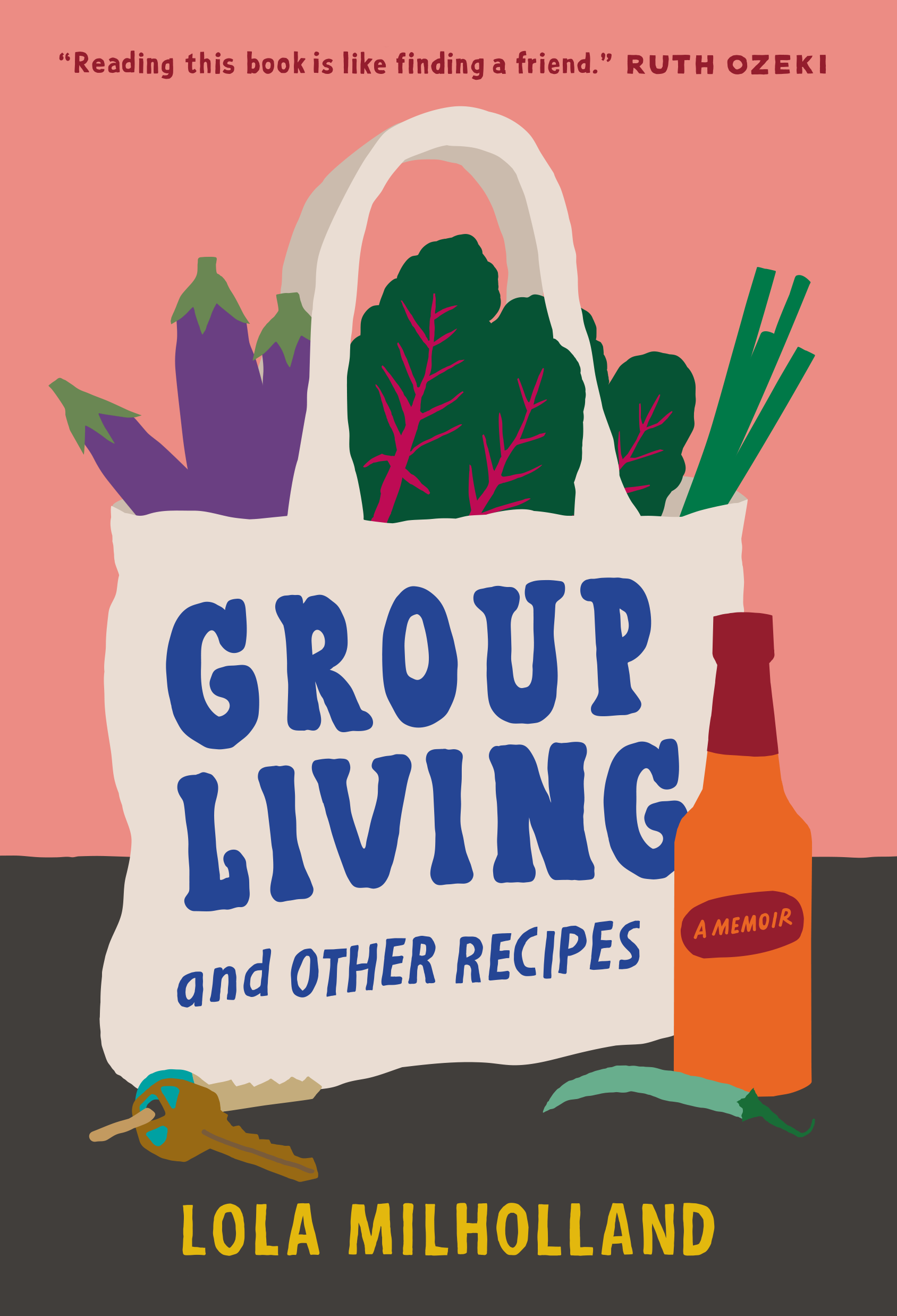 Lola Milholland's "Group Living and Other Recipes" book cover with a tote bag full of various vegetables on the cover.