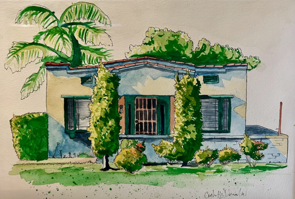 A watercolor illustration of a Spanish-style, white-stucco bungalow. The house is short, with an almost flat roof and symmetrical windows on the facade. It is framed by bright green landscaping in the front, and, behind, by palm fronds.