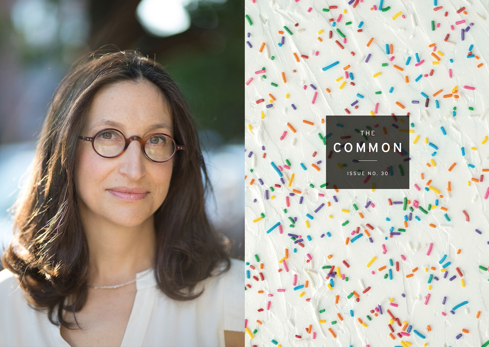 Jennifer Acker's headshot, next to The Common's Issue 30 cover