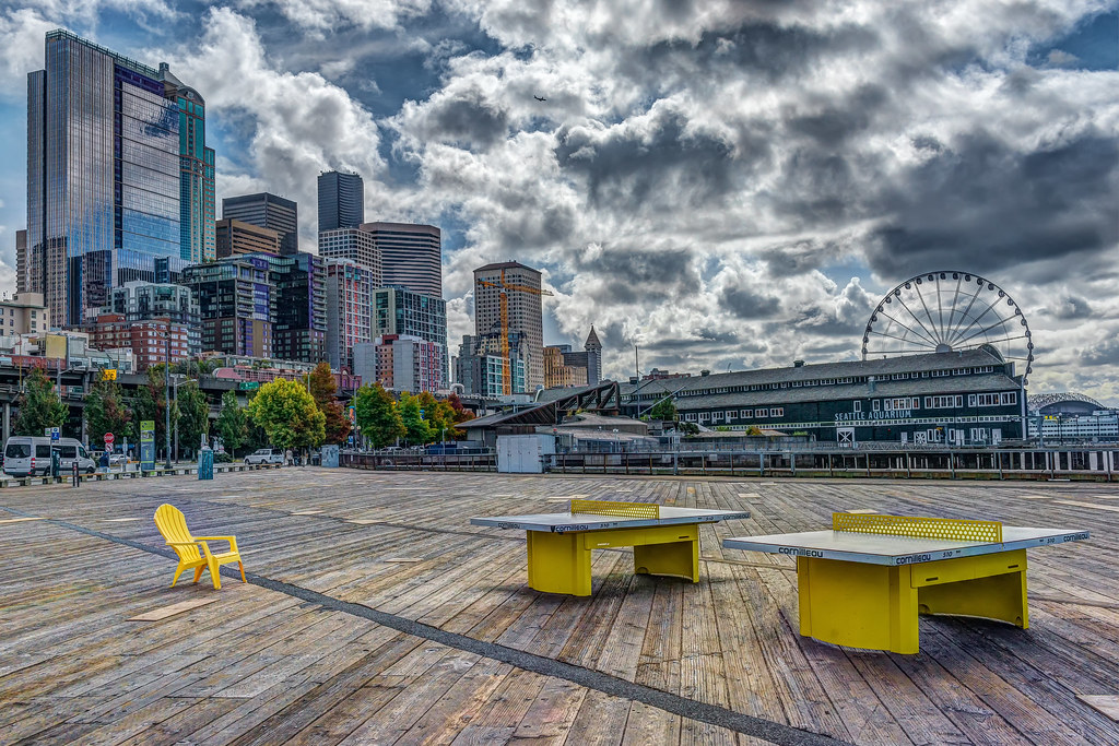 Seattle waterfront with yellow chair