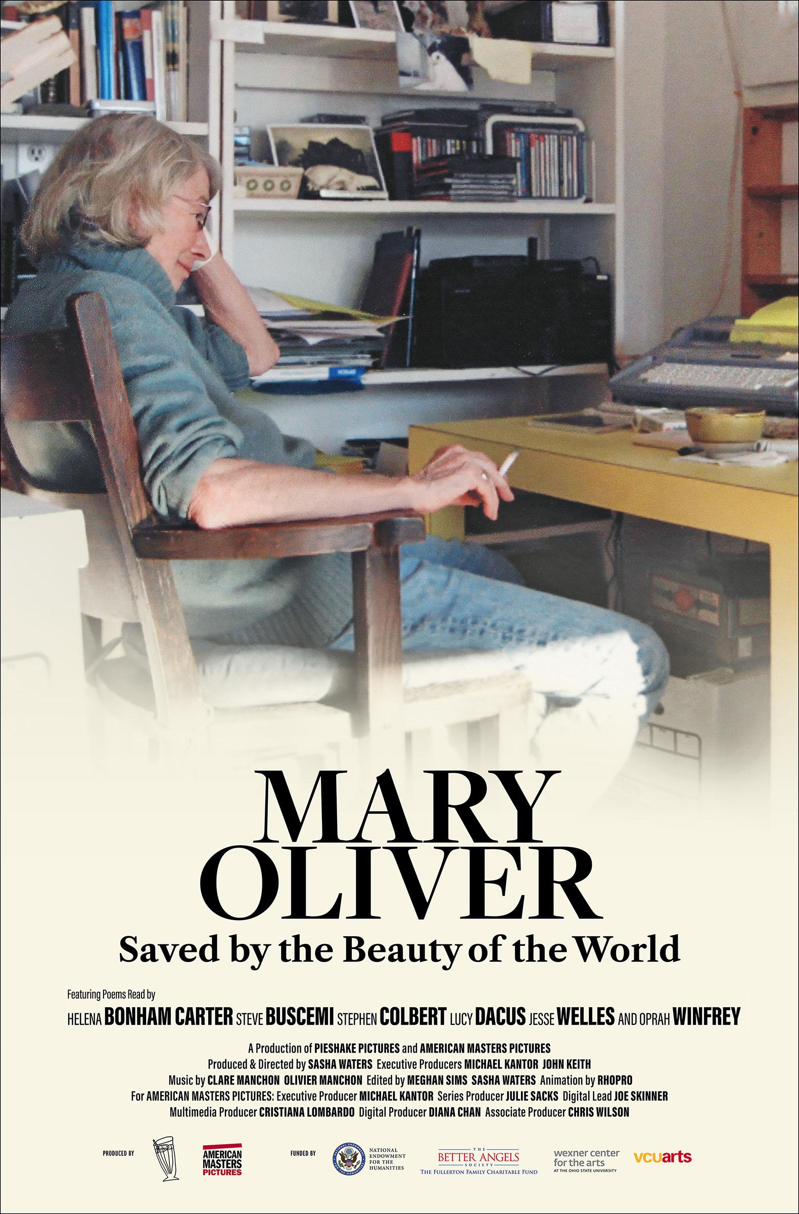 Poster for Mary Oliver's Documentary featuring her before a computer
