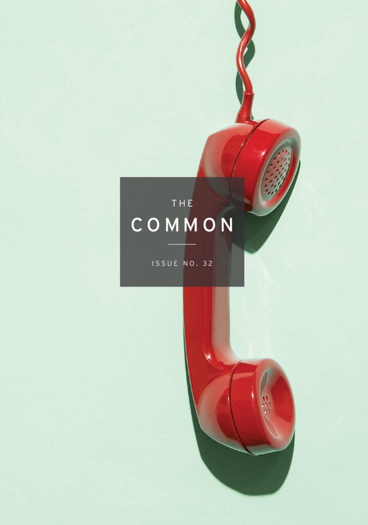 Issue 32 cover: a red phone dangling in front of a mint background